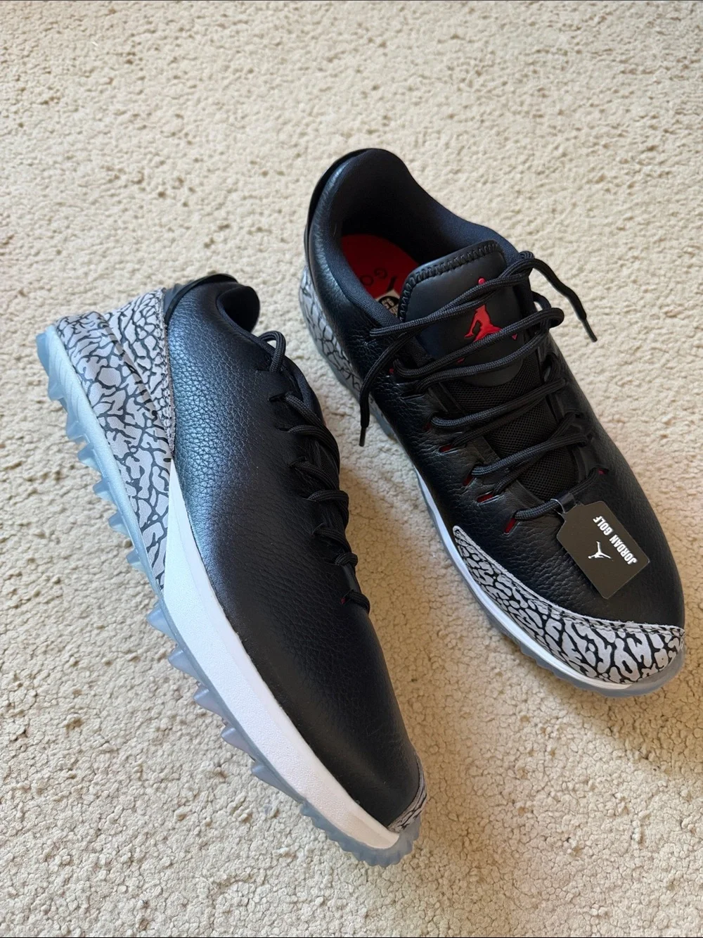 Jordan Black/Fire-Red and White Golf Shoes with Elephant Print and Red Logo